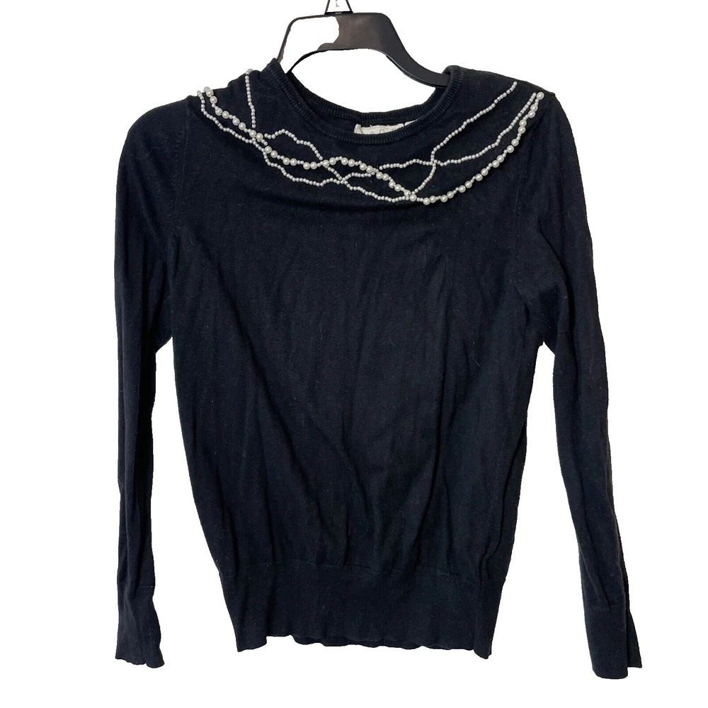 Field Flower Anthro Pearl Neck Pullover Sweater XS‎ Black Cashmere Long Sleeve